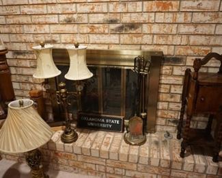 lamps, fireplace tools, small table
