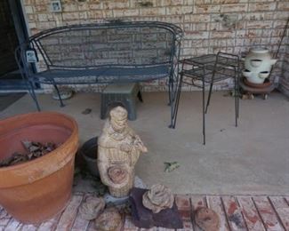 bench, tables, flower pot, statue