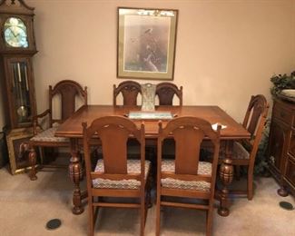 Dining table with chairs, grandfather clock