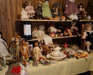 dolls, tea cups, pitcher and bowl