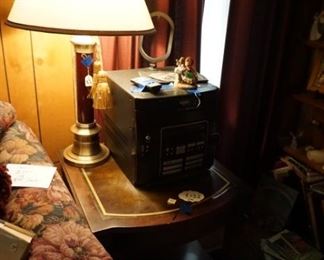 leather top table, lamp, stereo