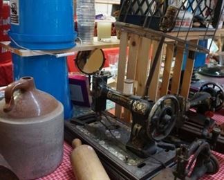 rolling pin, crock, vintage sewing machines