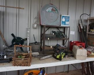 chain saw, outdoor lights, wreat, tackle box