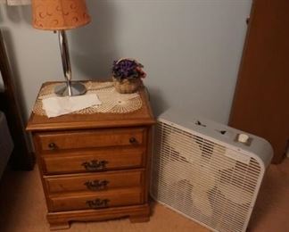 fan, side table, lamp