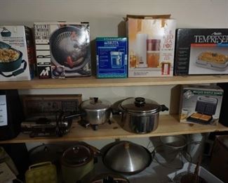 small kitchen appliances, pots and pans