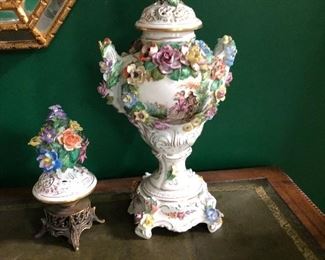 Pair Limbach Factory Thuringia  Porcelain Capped Vases along with Two Caps set onto Bronze stands 