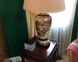 Pair Satsuma style Table Lamps,   Mahogany Side Table 