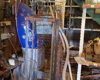 Bud Light hanging sign, metal crates, old wooden boxes
