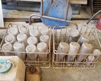 old milk bottles, wire crates