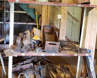 Old glass jugs, bottles, wooden boxes, tools