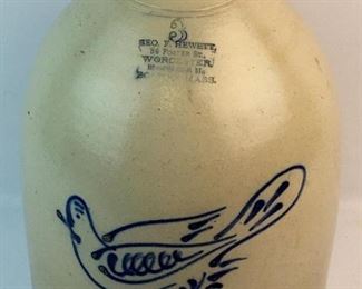 Antique c. 1870 George Hewett Boston, MA. 3 Gallon Stoneware Jug w/ Cobalt Bird on a Fern Decorated