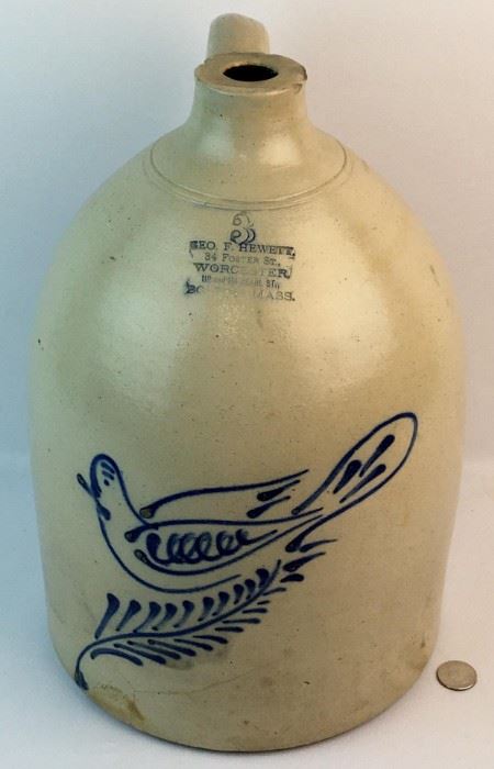 Antique c. 1870 George Hewett Boston, MA. 3 Gallon Stoneware Jug w/ Cobalt Bird on a Fern Decorated