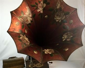 Antique 1903 Thomas Edison Standard Model H Phonograph w/ Tea Tray Co. Floral Painted Tin Horn WORKS