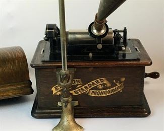 Antique 1903 Thomas Edison Standard Model H Phonograph w/ Tea Tray Co. Floral Painted Tin Horn WORKS