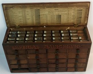 Antique Green Bros. New York "Imperial Mainsprings" 20 Drawer & Lift Top Watchmaker's Cabinet w/ Parts