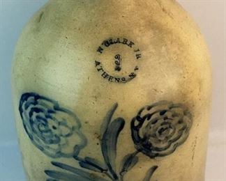 Antique c. 1860 N. Clark Jr. Athens NY 3 Gallon Stoneware Jug w/ Cobalt Floral Decoration