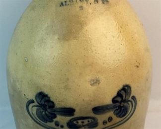 Antique c. 1860 Albany N.Y. 2 Gallon Stoneware Jug w/ Cobalt Floral Decoration