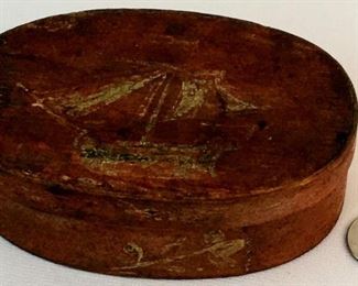 Antique Primitive c. 1820 Folk Art Nautical Ship and Floral Painted Oval Pantry Box