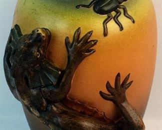 Antique 1899 P. Ipsen Lauritz Jensen Large Earthenware Art Nouveau Vase w/ Applied Lizard and Stag Beetle