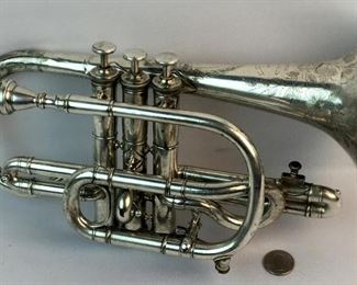 Antique c. 1875 Moses Slater "Ideal" NYC Sterling Silver Cornet PLAYS