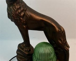 Vintage c. 1930 Art Deco Chalkware Dog Console Lamp w/ Green Uranium Vaseline Shade WORKS