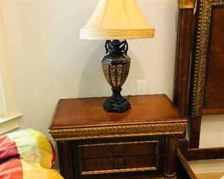 Pair of gold leaf trimmed 3 drawer nightstands 