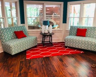 Pair of aqua and white loveseats, 52x29x38 1/2