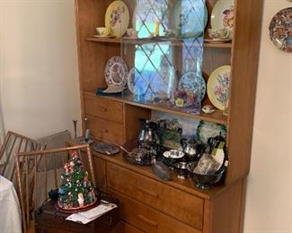 Mid century hutch with hand painted China and glassware