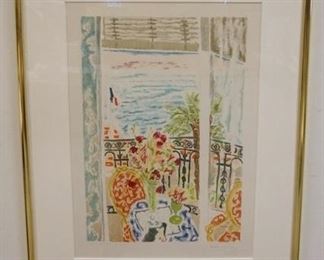 1004 JULES CAVAILLES ORIGINAL FRAMED & SIGNED LITHO TITLED ROSES IN A VASE ON A TABLE IN FRONT OF AN OPEN DOOR, LITHOGRAPH B243 OVERALL DIMENSIONS 26 1/4 IN X 35 IN, DAVID FINDLAY LABEL ON REVERSE