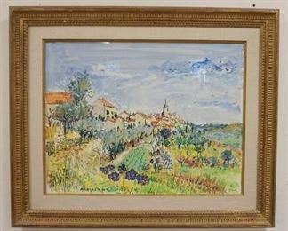 1003 YOLANDE ARDISSONE UNTITLED LANDSCAPE PAINTING UNDER GLASS, SIGNED LOWER LEFT, IMAGE SIZE 25 IN X 19 1/4 IN, FRAME SIZE 33 1/2 IN X 28 IN