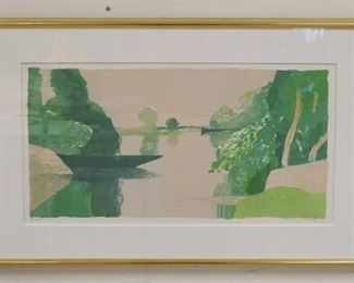 1006 ROGER MUHL SIGNED & FRAMED LITHOGRAPH TITLED *L'ILL DE MATIN*, DAVID FINDLAY LABEL ON REVERSE, FRAME SIZE 20 IN X 31 3/4 IN