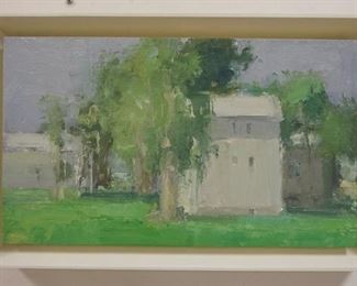 1007 STUART SHILS PAINTING OIL ON PANEL TITLED *LATE AFTERNOON, THAT WHITE HOUSE AGAIN AND OTHER BUILDINGS*, 9 IN X 15 1/2 IN, GALLERY TAG ON REVERSE