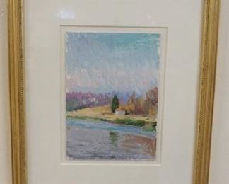1013 LARRY HOROWITZ FRAMED PASTEL TITLED *SHED ON THE WATER*, 6 IN X 4 IN IMAGE, SIGNED LOWER RIGHT CORNER, OVERALL DIMENSIONS 10 1/4 IN X 12 1/4 IN, GALLERY LABEL ON REVERSE