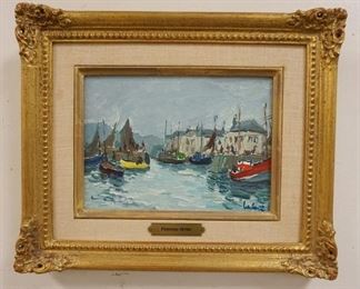 1012 FERNAND HERBO OIL ON BOARD HARBOR SCENE, SIGNED LOWER RIGHT, IMAGE 8 1/2 IN X 6 IN, OVERALL DIMENSIONS 14 IN X 11 1/2 IN