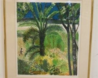 1015 GUY BARDONE SIGNED & FRAMED LITHOGRAPH TITLED *LA JARDIN RENE*, DAVID FINDLAY GALLERY TAG ON REVERSE, IMAGE SIZE 20 1/2 IN X 28 1/4 IN, OVERALL DIMENSIONS 28 1/2 IN X 33 1/4 IN