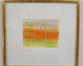 1022 WOLF KAHN SIGNED PASTEL ON PAPER, *TALL SLENDER TREES*, IMAGE SIZE 6 1/2 IN X 8 IN, OVERALL DIMENSIONS 16 IN X 17 1/4 IN, GALLERY LABEL ON REVERSE