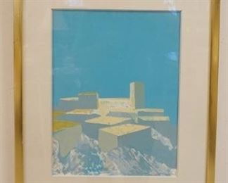1029 ROGER MUHL SIGNED & FRAMED LITHOGRAPH TITLED *LES VILLAGES SONTCONSTUITS SUR LES COLLINES*, NUMBER 86/175, GALLERY LABEL OF BACK DAVID FINDLAY NY, IMAGE SIZE 12 IN X 16 IN, OVERALL DIMENSIONS 19 1/2 IN X 23 1/2 IN