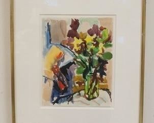 1030 NELL BLAINE SIGNED PAINTING, WATERCOLOR ON PAPER TITLED *STILL LIFE AND FLOWERS IN GLASS*, 1958, IMAGE 11 IN X 8 1/2 IN, OVERALL DIMENSIONS 16 1/4 IN X 18 3/4 IN, GALLERY LABEL ON REVERSE