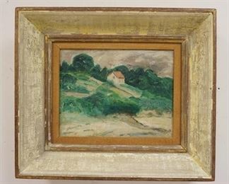 1035 FRENCH OIL PAINTING ON BOARD, COUNTRYSIDE SCENE, UNSIGNED & FRAMED, IMAGE SIZE 13 1/4 IN X 10 1/4 IN, OVERALL DIMENSIONS 21 3/4 IN X 18 3/4 IN