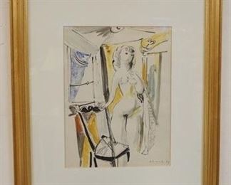 1036 WATERCOLOR PAINTING OF NUDE WOMAN POSING BY A CHAIR SIGNED LOWER RIGHT, FRAMED, IMAGE SIZE 9 1/4 IN X 12 1/2 IN, OVERALL DIMENSIONS 18 1/2 IN X 21 1/2 IN