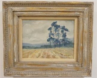 1037 OIL PAINTING ON CANVAS LANDSCAPE IRISH PINES SIGNED KAUFMANN 72 LOWER RIGHT, IMAGE SIZE 11 1/2 IN X 8 3/4 IN, OVERALL DIMENSIONS 19 IN X 15 3/4 IN, MARKED IRISH PINES ON REVERSE W/GALLERY TAG