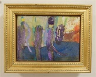 1039 EMILY MASON OIL PAINTING ON BOARD TITLED *RIVER BANK* SIGNED ON REVERSE W/GALLERY LABEL DAVID FINDLAY, IMAGE SIZE 5 IN X 7 IN, OVERALL DIMENSIONS 9 1/2 IN 7 1/2 IN