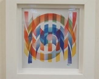 1041 YAACOV AGAM SIGNED ART AAMOGRAPH. 3 DIMESIONAL HOLOGRAM STYLE ART FRAMED. IMAGE SIZE 13 1/4 IN X 14 IN, OVERALL DIMENSIONS 20 IN X 20 1/2 IN. SHADOW BOX FRAME WITH GALLERY TAG ON REVERSE.