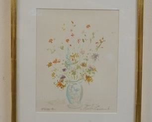 1043 WATERCOLOR STILL LIFE SIGNED IN LOWER RIGHT. IMAGE SIZ 7 1/2 IN X 9 1/2 IN, OVERALL DIMENSIONS 12 1/4 IN X 14 3/4 IN.