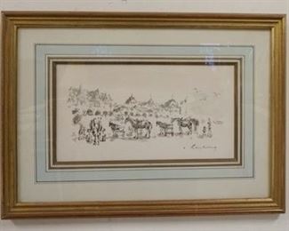 1044 ANDRE HAMBOURG FRAMED PRINT. GALLERY TAG ON REVERSE, WALLY FINDLAY GALLERIES. IMAGE SIZE 11 IN X 6 IN, OVERALL DIMENSIONS 17 1/2 IN X 12 1/2 IN.