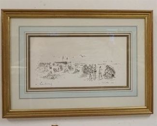 1045 ANDRE HAMBOURG FRAMED PRINT. GALLERY TAG ON REVERSE, WALLY FINDLAY GALLERIES. IMAGE SIZE 11 IN X 6 IN, OVERALL DIMENSIONS 17 1/2 IN X 12 1/2 IN.