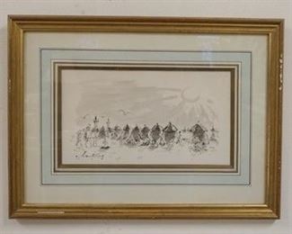 1046 ANDRE HAMBOURG FRAMED PRINT. GALLERY TAG ON REVERSE, WALLY FINDLAY GALLERIES. IMAGE SIZE 11 IN X 6 IN, OVERALL DIMENSIONS 17 1/2 IN X 12 1/2 IN.