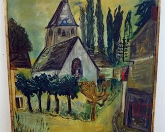 1050 LUDWIG BEMELMANS LARGE OIL PAINTING ON CANVAS, VILLAGE WITH CHURCH. SIGNED LOWER RIGHT CORNER, DATE 52 LOWER LEFT. 46 1/4 IN X 58 1/4 IN.