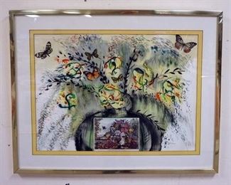 1054 LITHOGRAPH INTERPRETIVE *LANDSCAPE FRUIT AND FLOWERS*, SIGNED AND NUMBERED. IMAGE SIZE 29 1/4 IN X 21 IN., OVERALL DIMENSIONS 38 1/4 IN X 30 IN.
