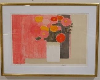 1057 BERNARD CATHELIN E'PREUVE D'ARTISTE, LITHOGRAPH SIGNED, TITLED *BOUQUET DE ZINNIAS AU FOND ROSE*. GALLERY TAG ON REVERSE, DAVID FINDLAY GALLERIES NEW YORK CITY. IMAGE SIZE 27 IN X 18 1/2 IN., OVERALL DIMENSIONS 34 1/4 IN X 25 3/4 IN.